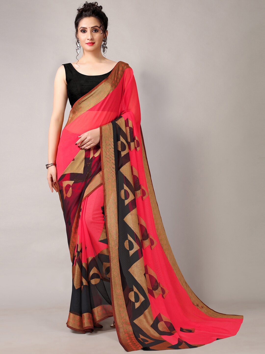 

Shaily Coral & Black Geometric Printed Zari Brasso Saree