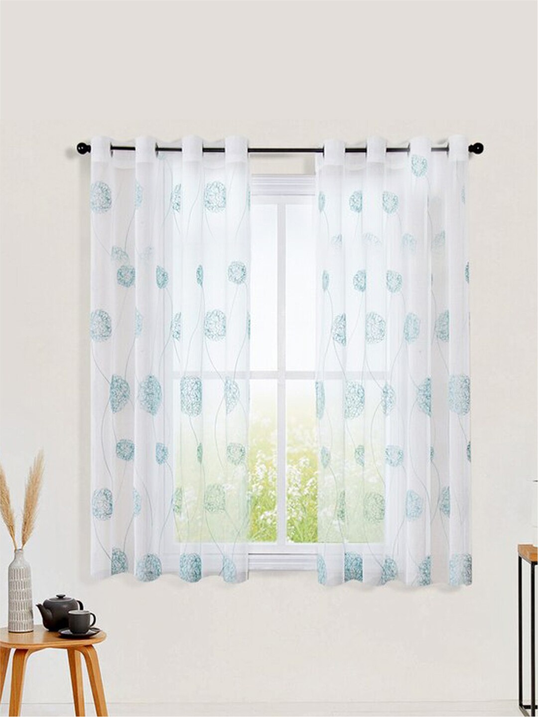 

URBAN SPACE White & Blue 2 Pieces Floral Sheer Window Curtains