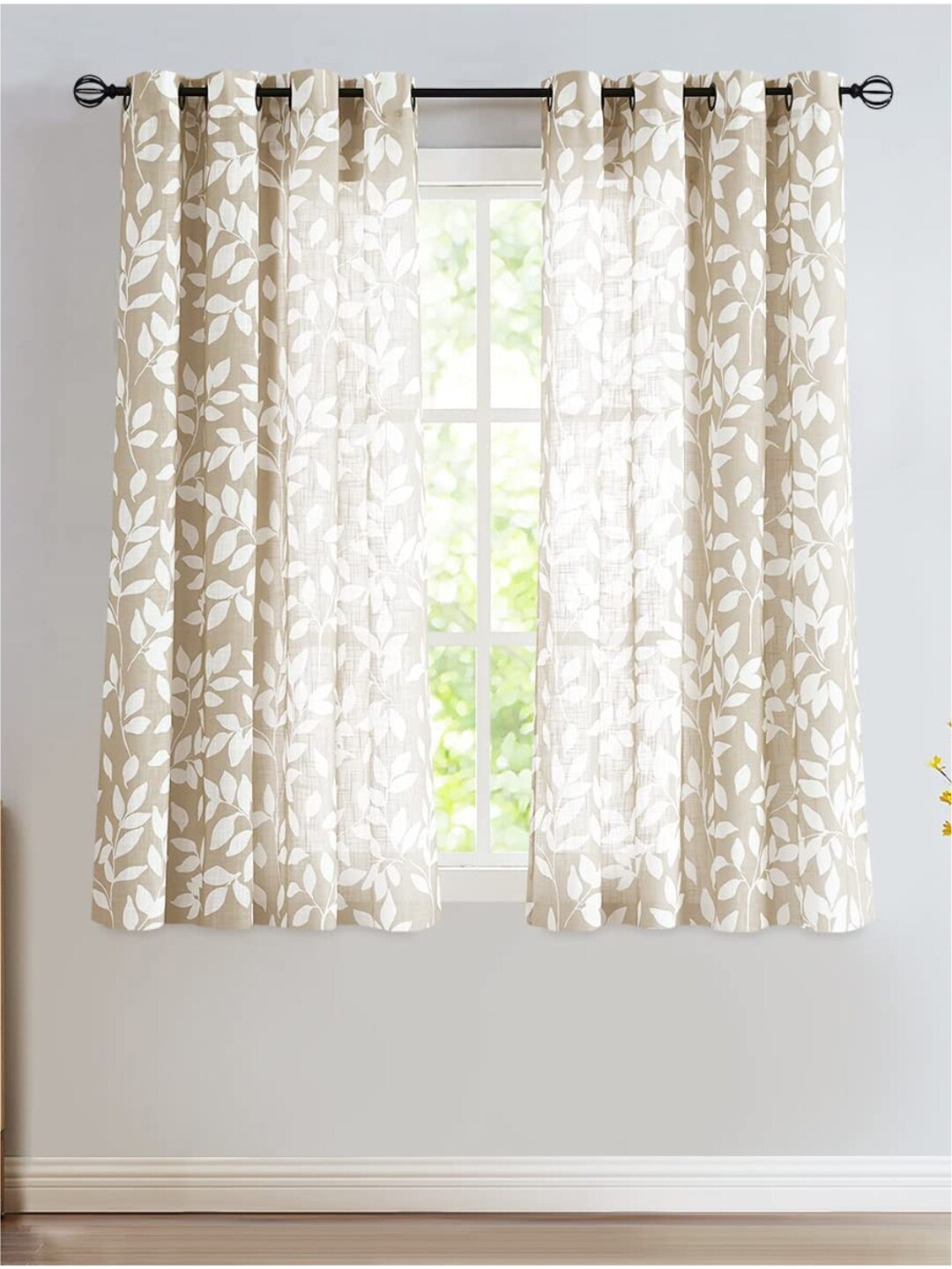 

URBAN SPACE Grey & White 2 Pieces Floral Sheer Window Curtains