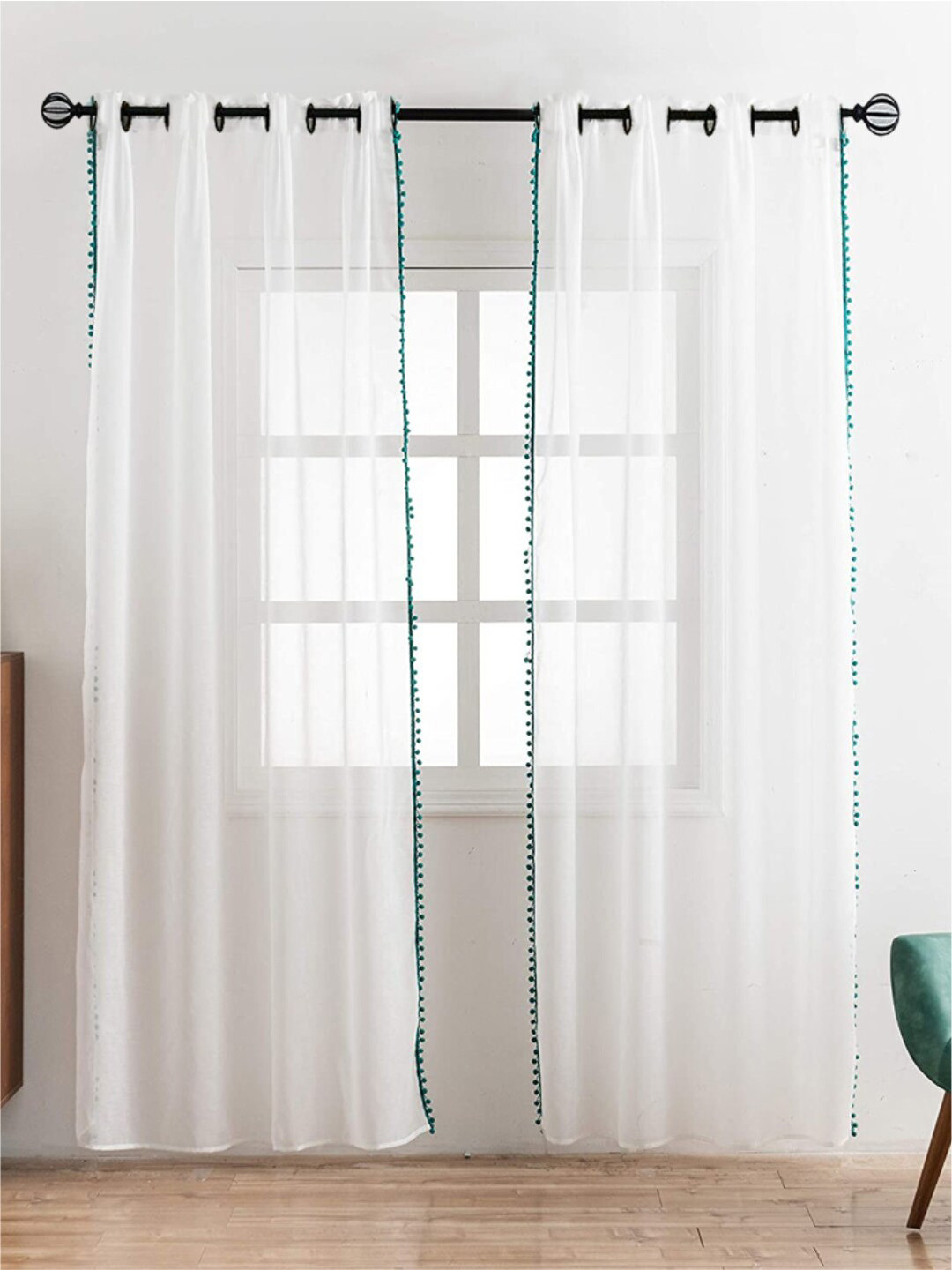 

URBAN SPACE White & Green 2 Pieces Sheer Window Curtains