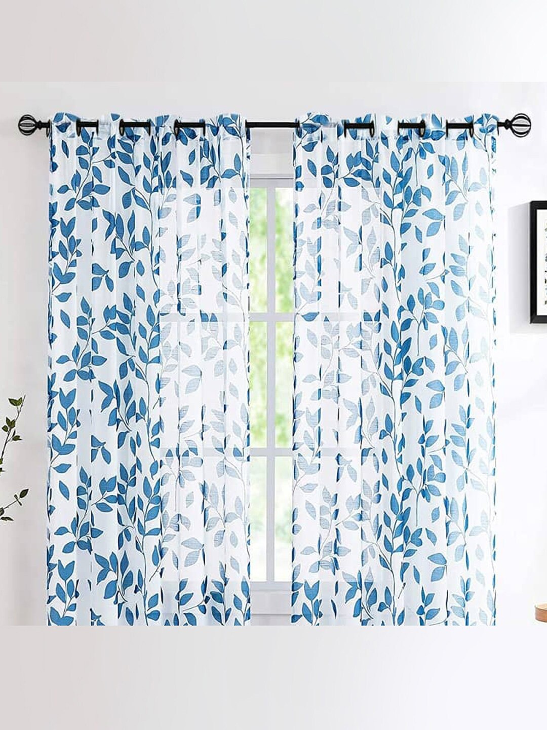 

URBAN SPACE White & Blue 2 Pieces Floral Sheer Window Curtains