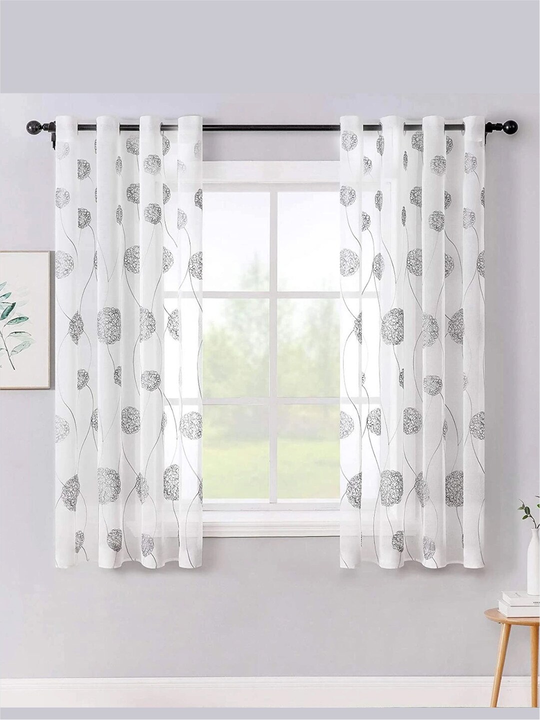 

URBAN SPACE White & Grey 2 Pieces Ethnic Motifs Sheer Window Curtains