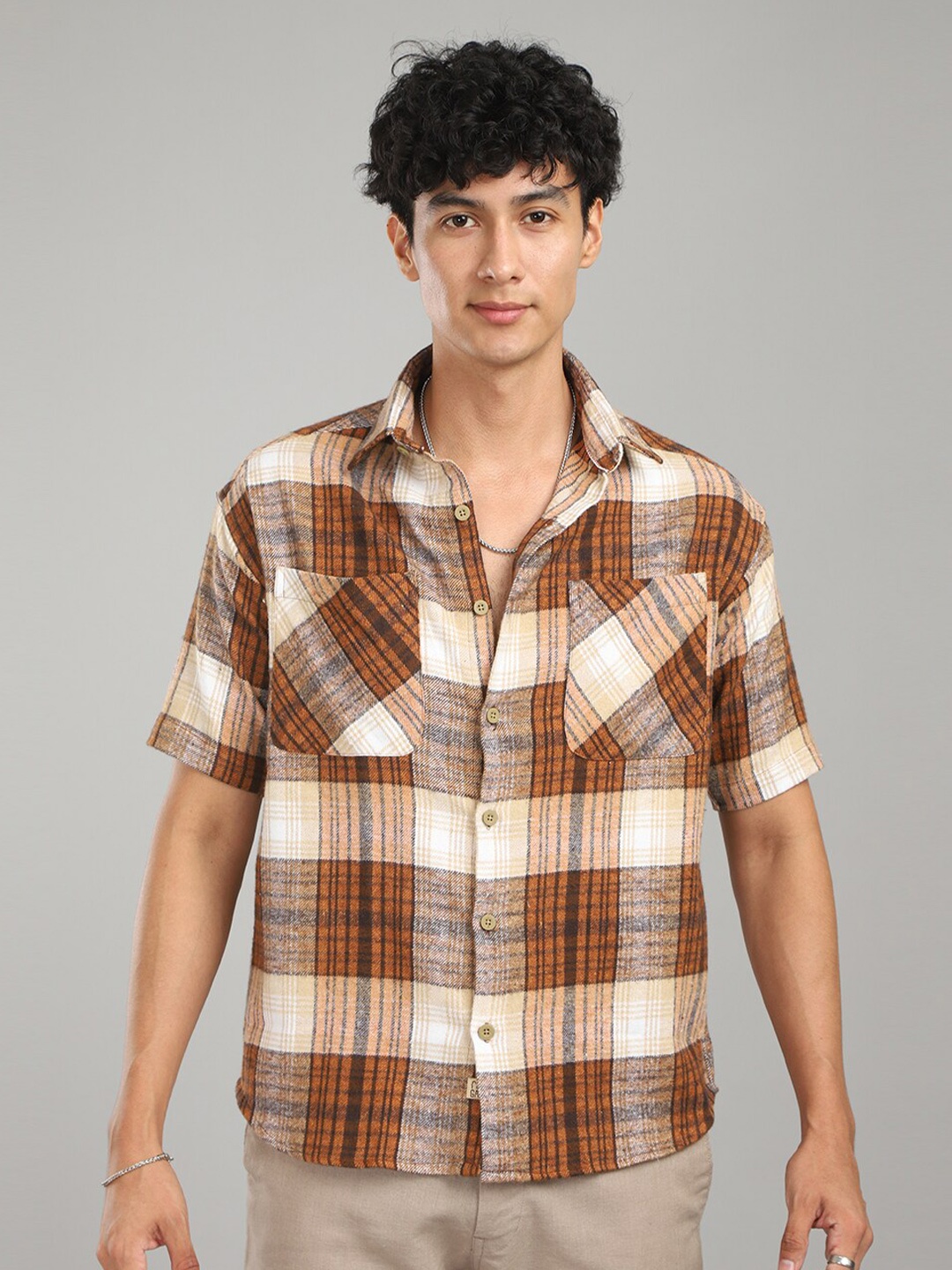 

FOGA New Fit Tartan Checked Twill Pure Cotton Casual Shirt, Brown