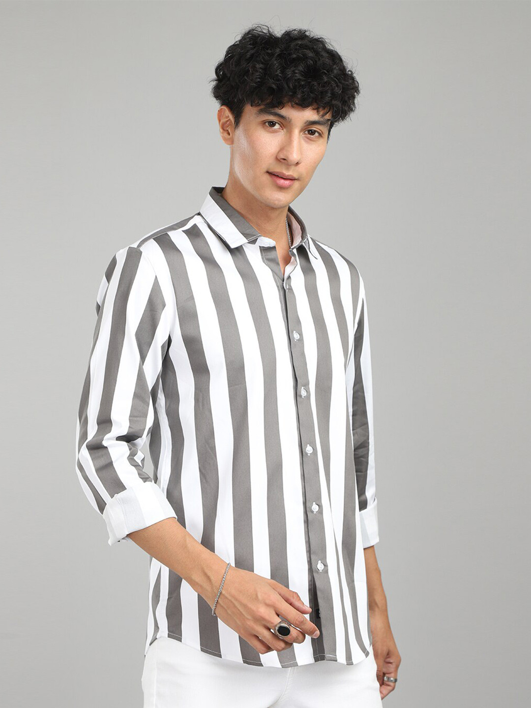 

FOGA New Fit Vertical Striped Pure Cotton Casual Shirt, Grey