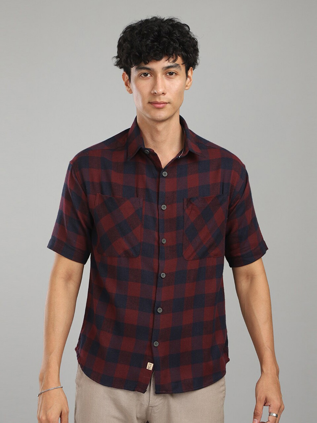 

FOGA New Regular Fit Spread Collar Checked Casual Cotton Shirt, Red