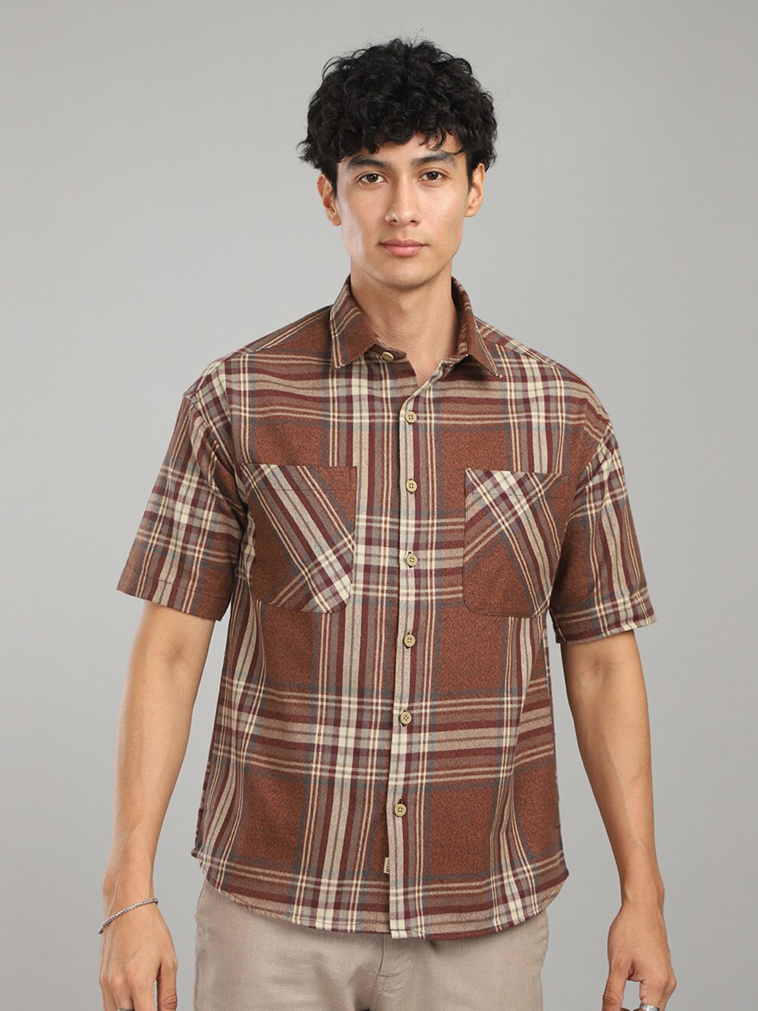 

FOGA New Tartan Checks Cotton Casual Shirt, Brown