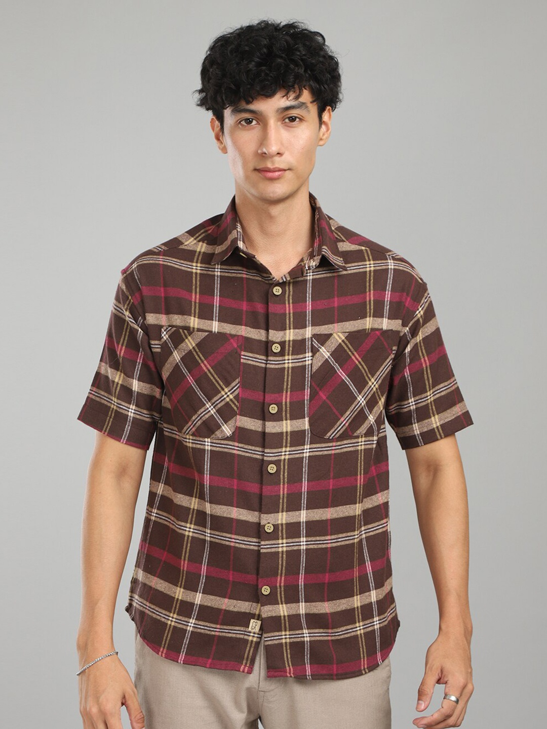 

FOGA Twill Tartan Checked Casual Pure Cotton Shirt, Brown