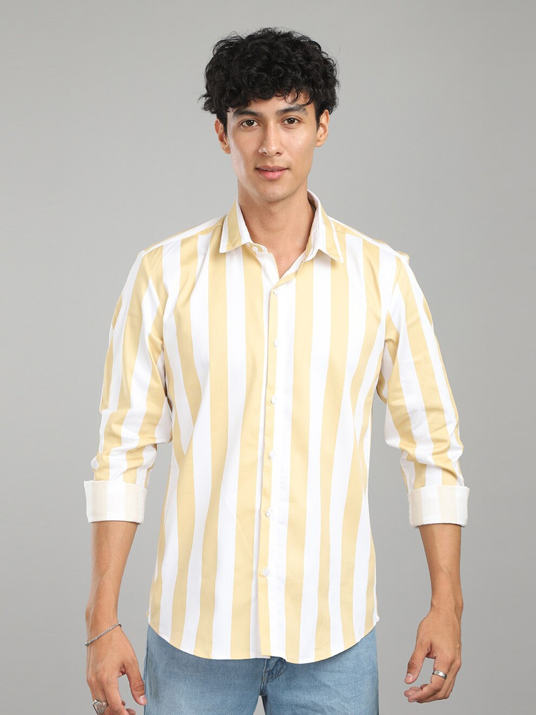 

FOGA New Vertical Striped Casual Satin Shirt, Yellow