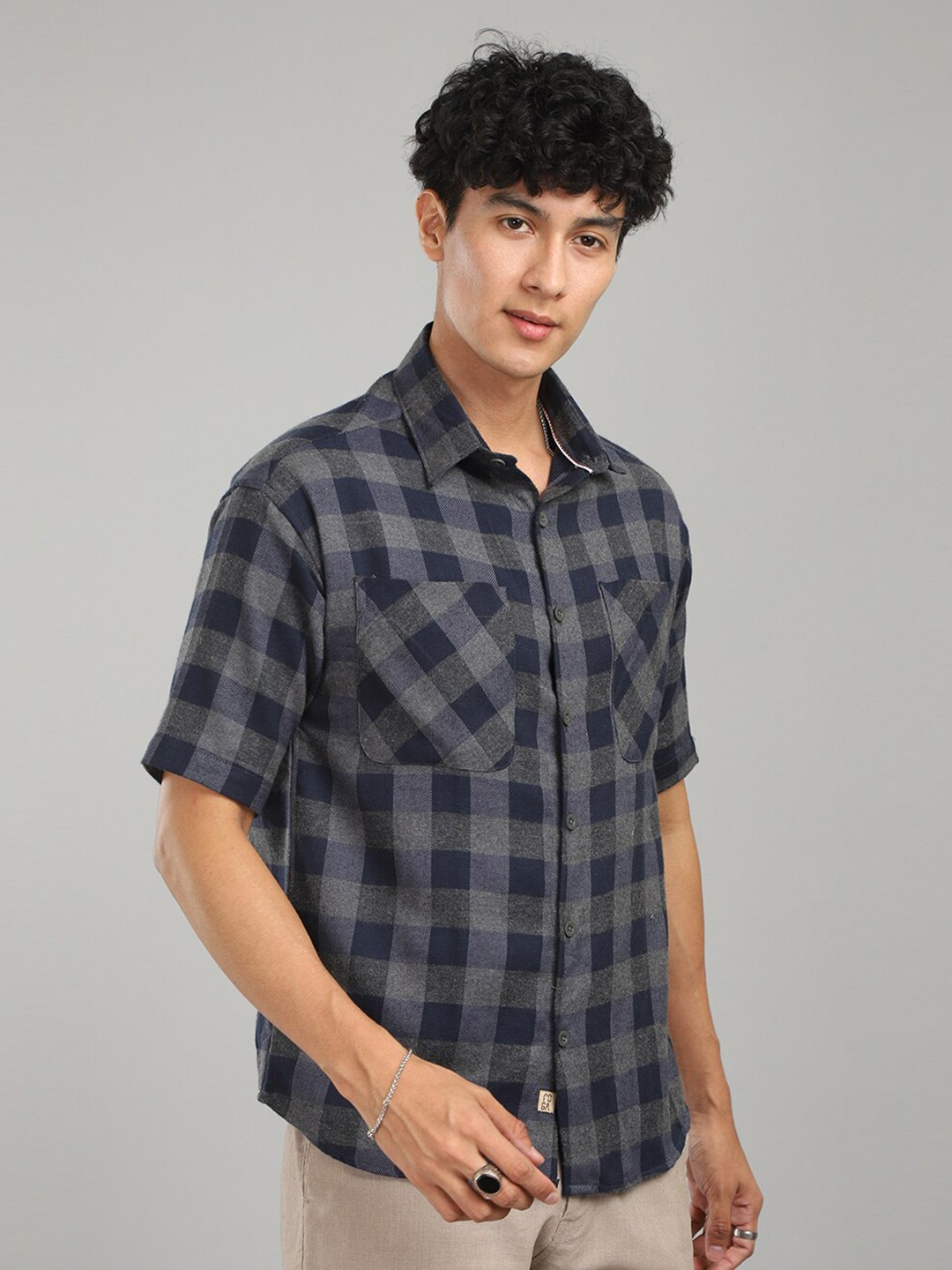 

FOGA New Fit Buffalo Checked Twill Pure Cotton Casual Shirt, Navy blue