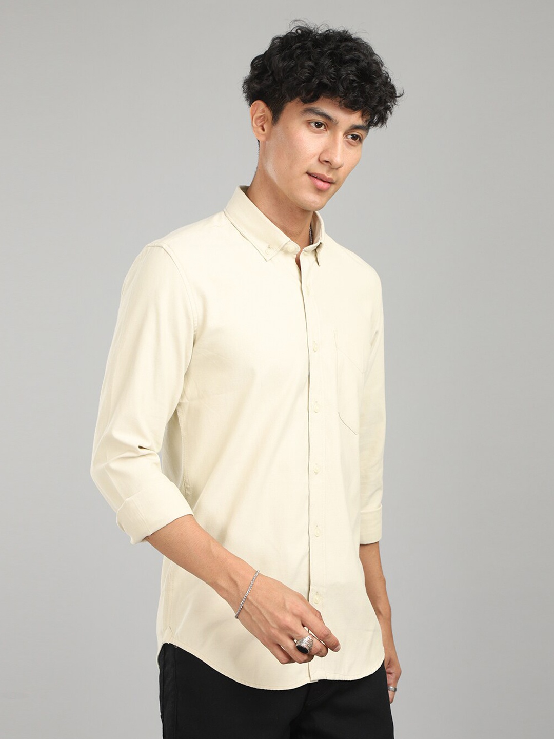 

FOGA New Regular Fit Spread Collar Casual Pure Cotton Shirt, Cream
