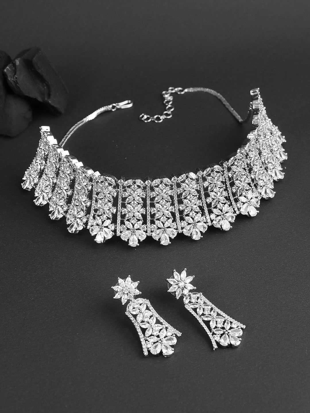 

Adwitiya Collection Rhodium-Plated CZ Stone Studded Jewellery Set, Silver