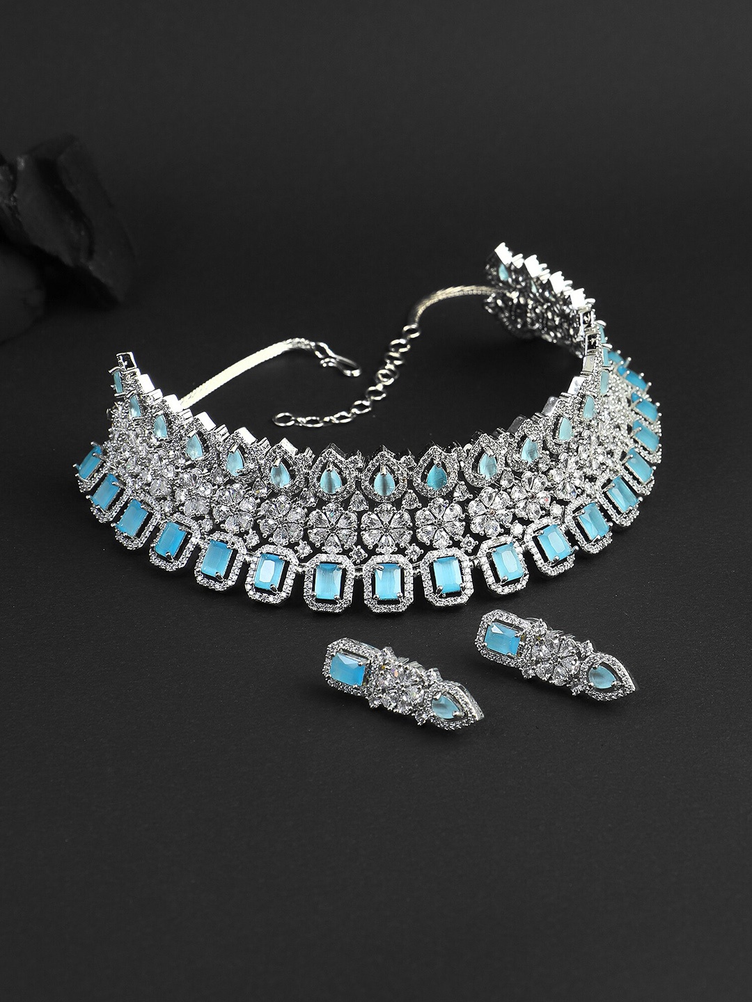 

Adwitiya Collection Rhodium-Plated CZ Stone Studded Jewellery Set, Silver