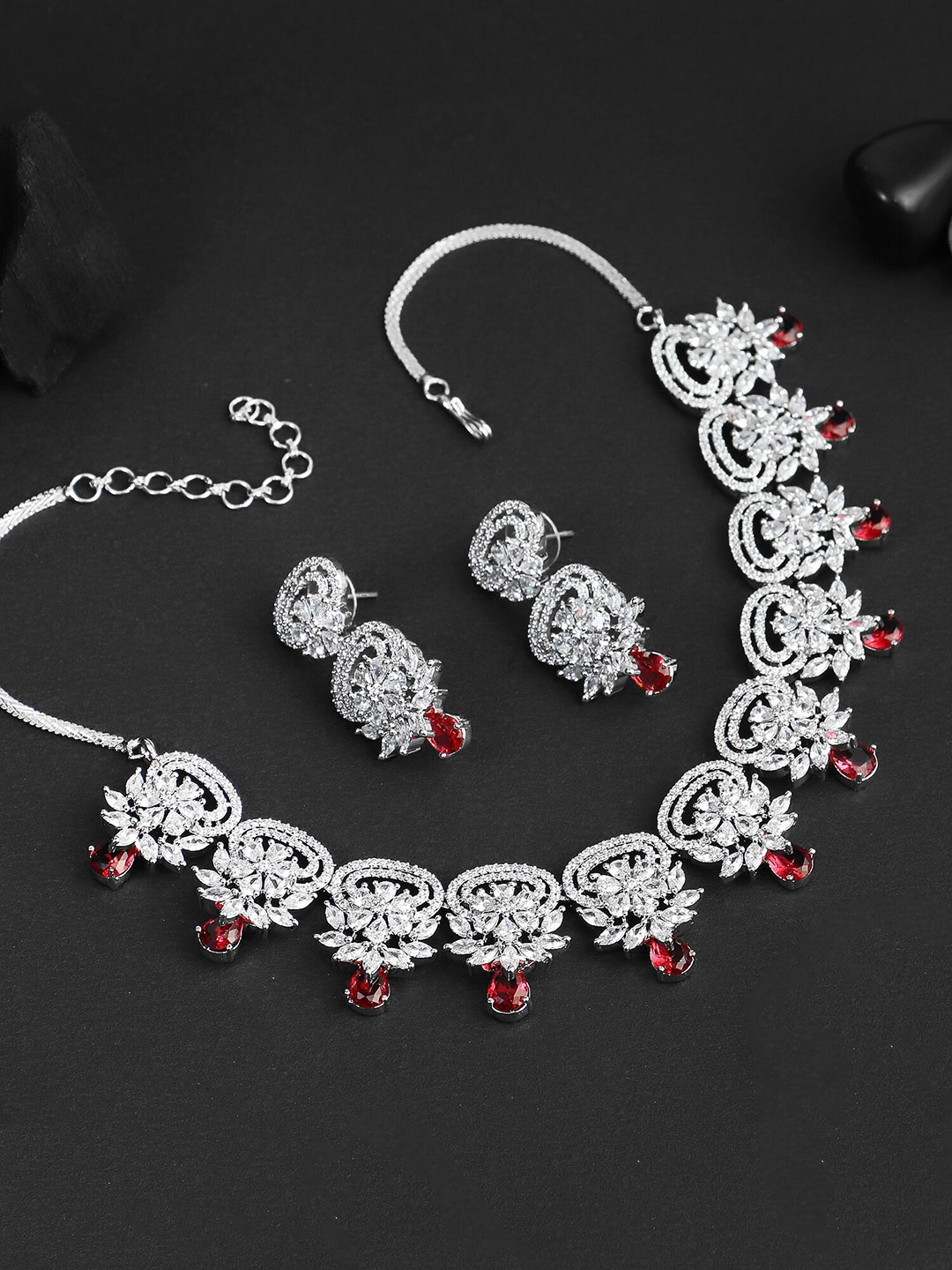 

Adwitiya Collection Rhodium-Plated CZ Stone Studded Jewellery Set, Silver