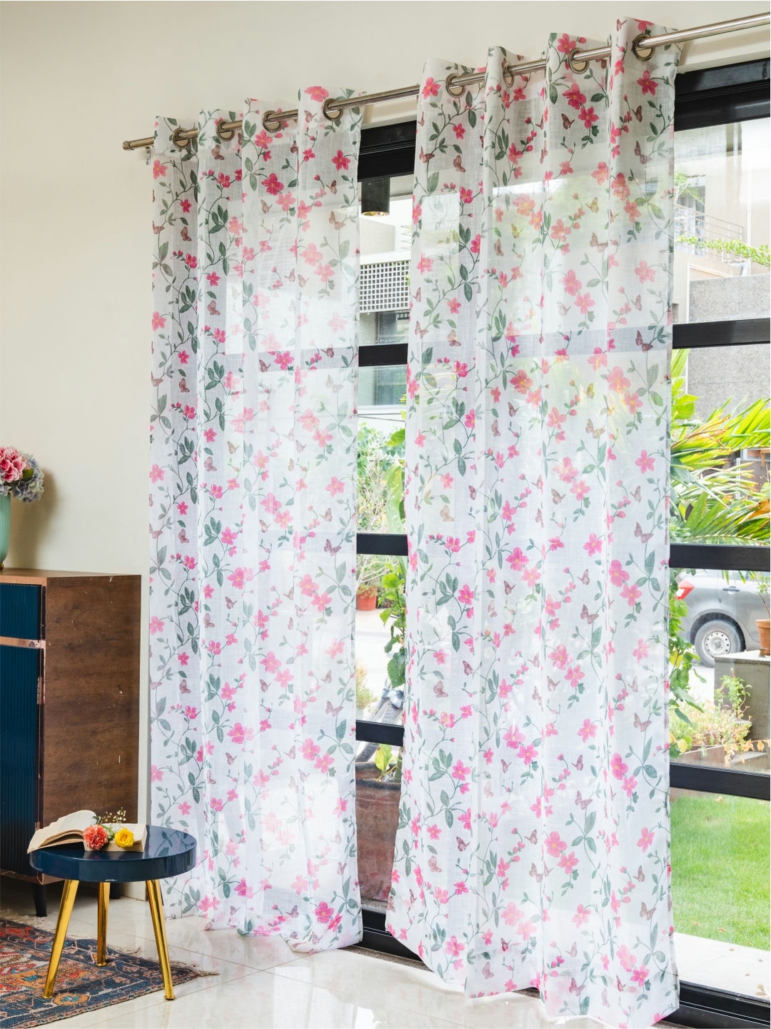 

URBAN SPACE White & Pink 2 Pieces Floral Sheer Long Door Curtains