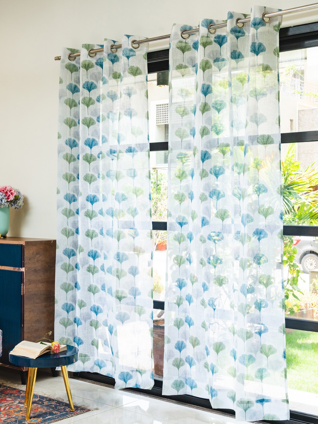 

URBAN SPACE White & Brown 2 Pieces Floral Sheer Long Door Curtains