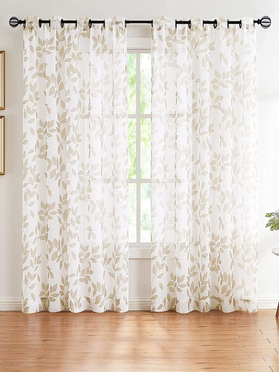 

URBAN SPACE Taupe & White 2 Pieces Floral Sheer Door Curtains