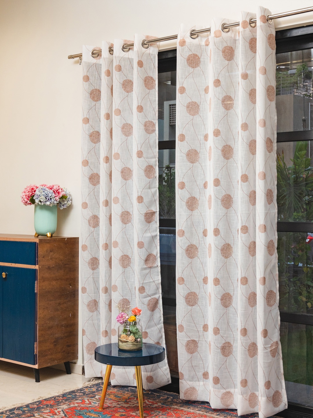 

URBAN SPACE White & Gold-Toned 2 Pieces Floral Sheer Door Curtains