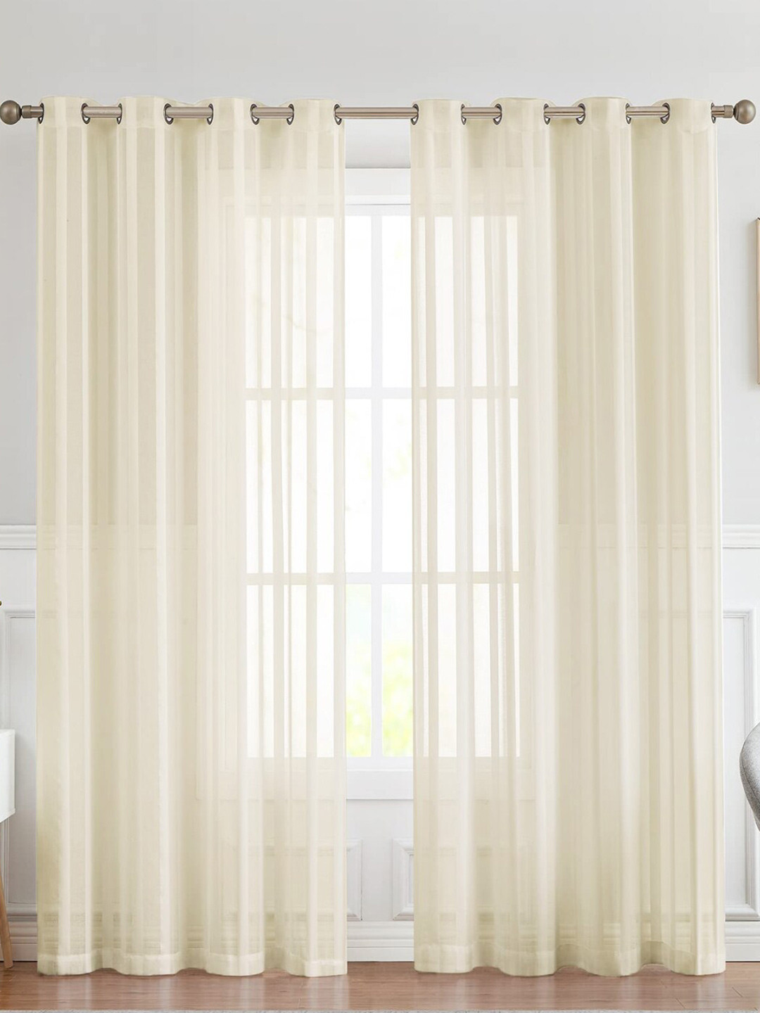 

URBAN SPACE Cream-Coloured 2 Pieces Striped Sheer Door Curtains
