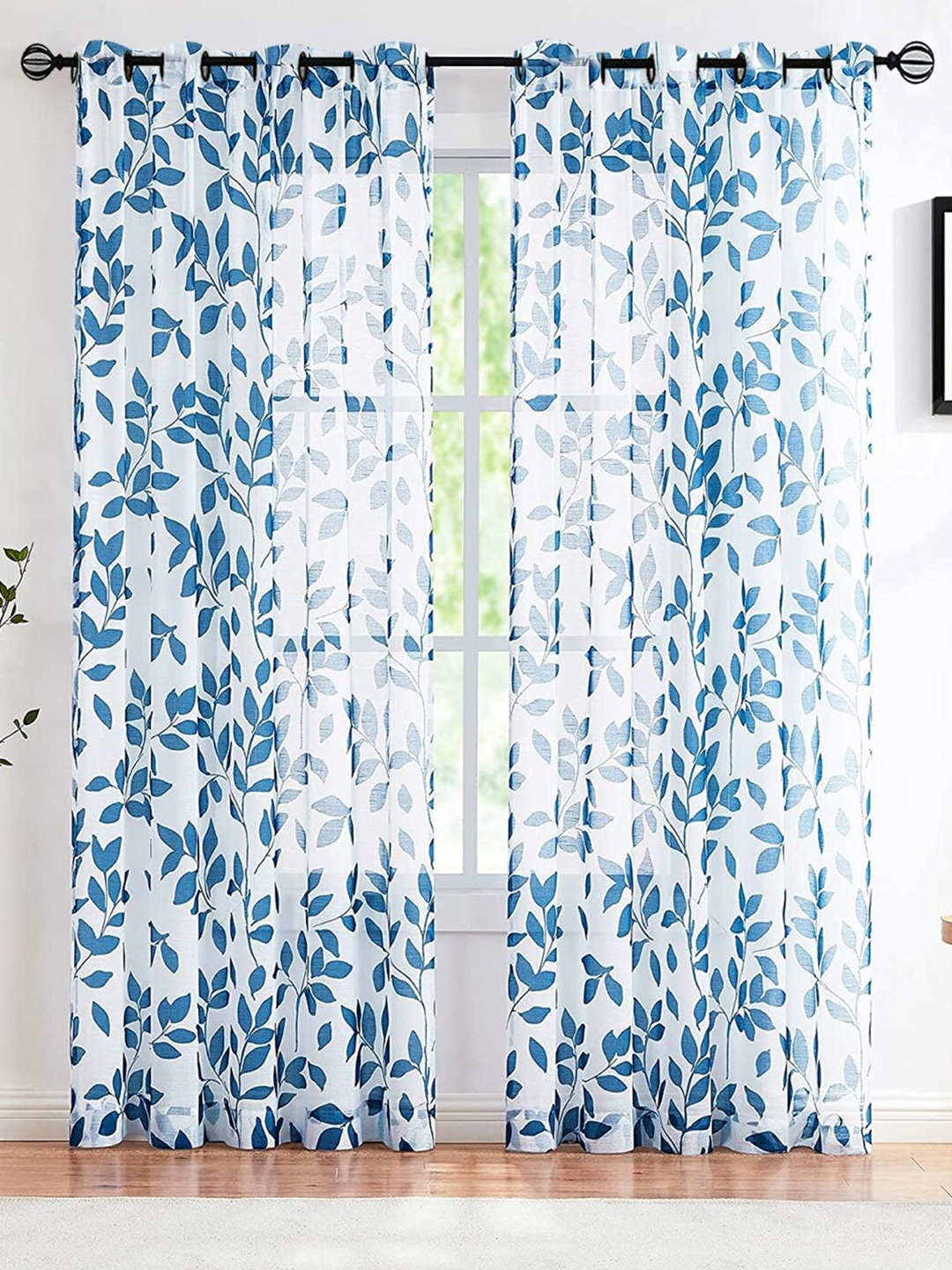 

URBAN SPACE White & Blue 2 Pieces Floral Sheer Door Curtains