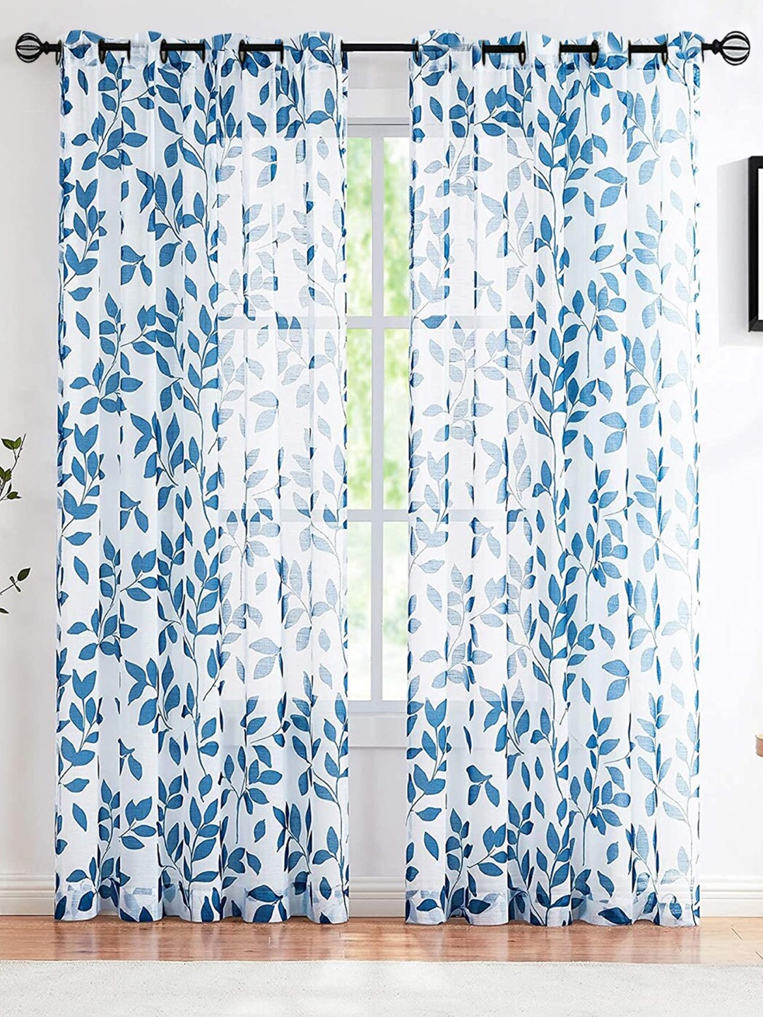 

URBAN SPACE Blue & White 2 Pieces Floral Sheer Long Door Curtains