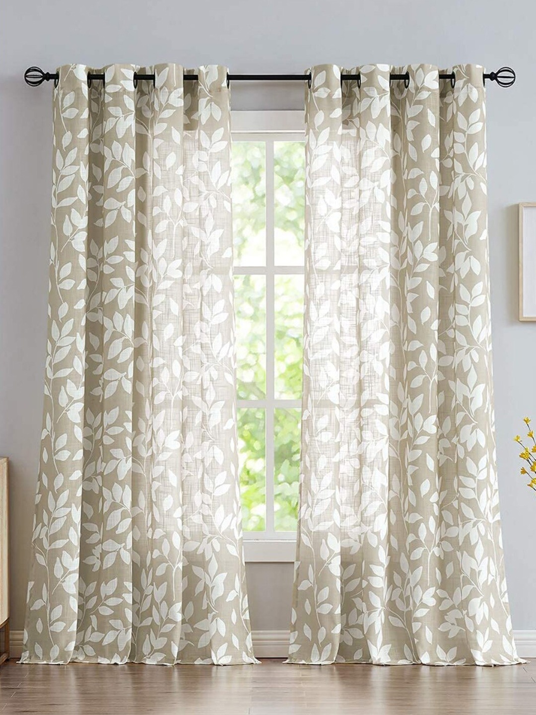 

URBAN SPACE Grey & Beige 2 Pieces Floral Sheer Door Curtains