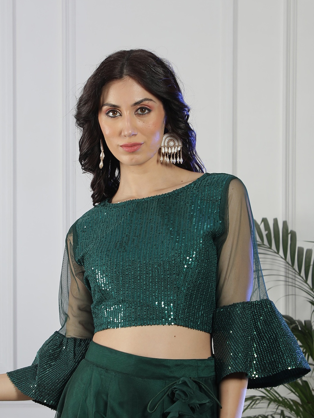 

NEUDIS Embellished Sequences Boat Neck Bell Sleeves Ethnic Crop Top, Green