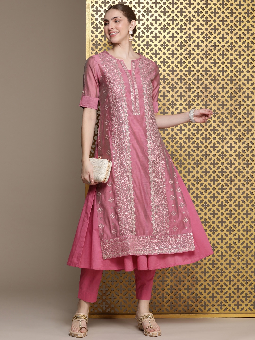 

House of Pataudi Women Jashn Ethnic Motifs Zari Work Regular Kurta With Trousers, Pink