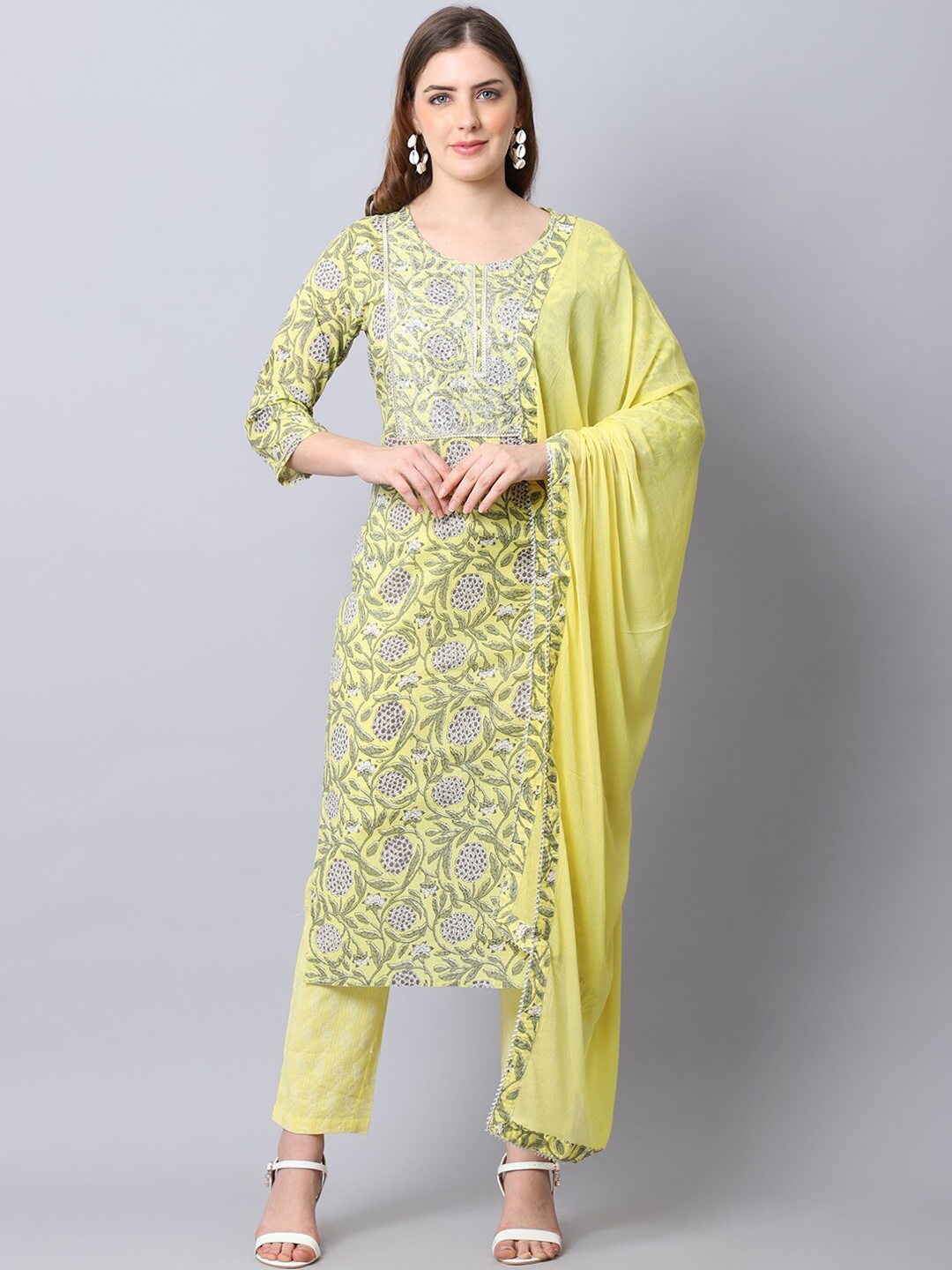 

The Mini NEEDLE Floral Printed Regular Pure Cotton Kurta With Trousers & Dupatta, Yellow