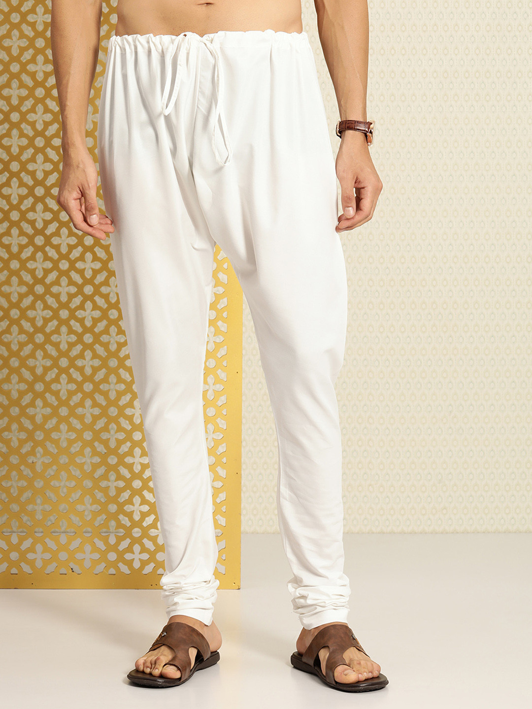 

House of Pataudi Men Solid Mid-Rise Straight Fit Riwayat Churidar, Off white