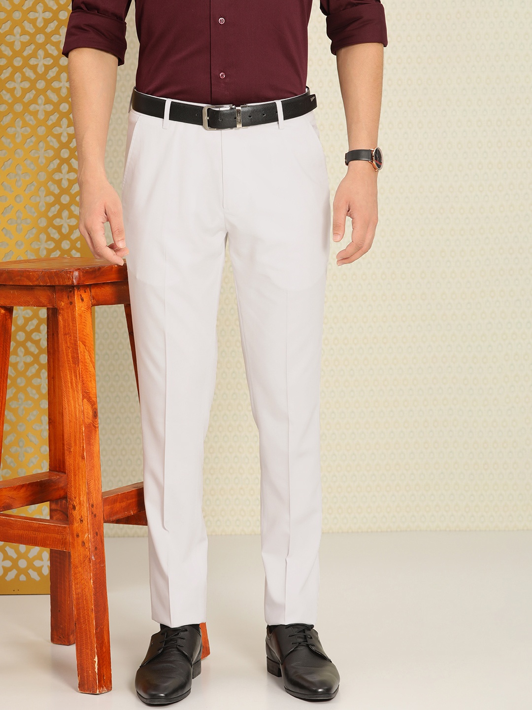 

House of Pataudi Men Solid Regular Fit Rozana Formal Trousers, White