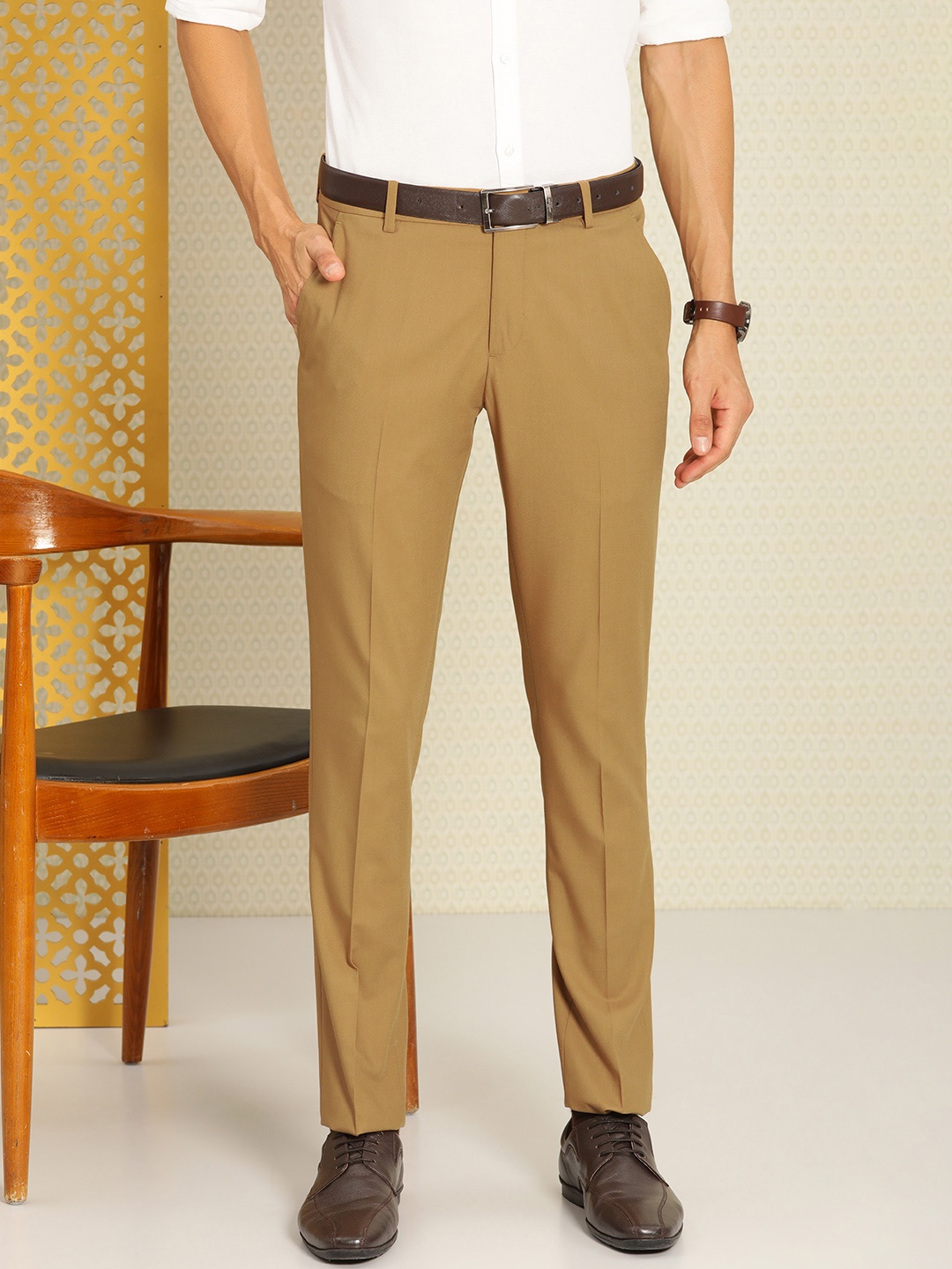 

House of Pataudi Men Solid Regular Fit Rozana Formal Trousers, Khaki