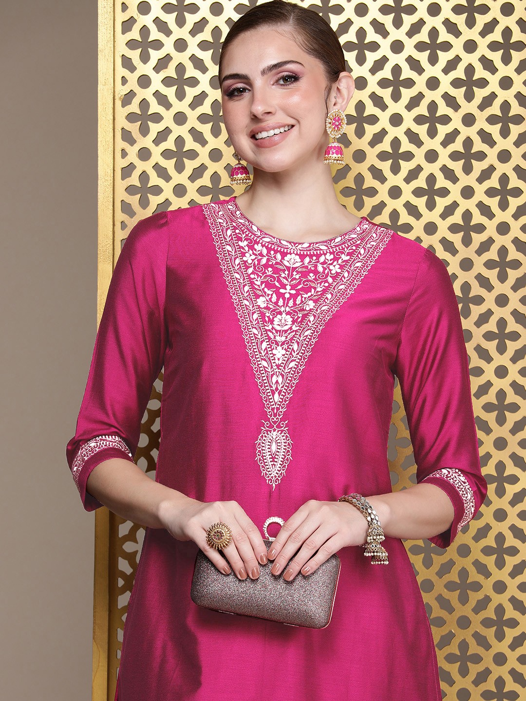 

House of Pataudi Jashn Ethnic Motifs Embroidered Kurta with Palazzos, Magenta