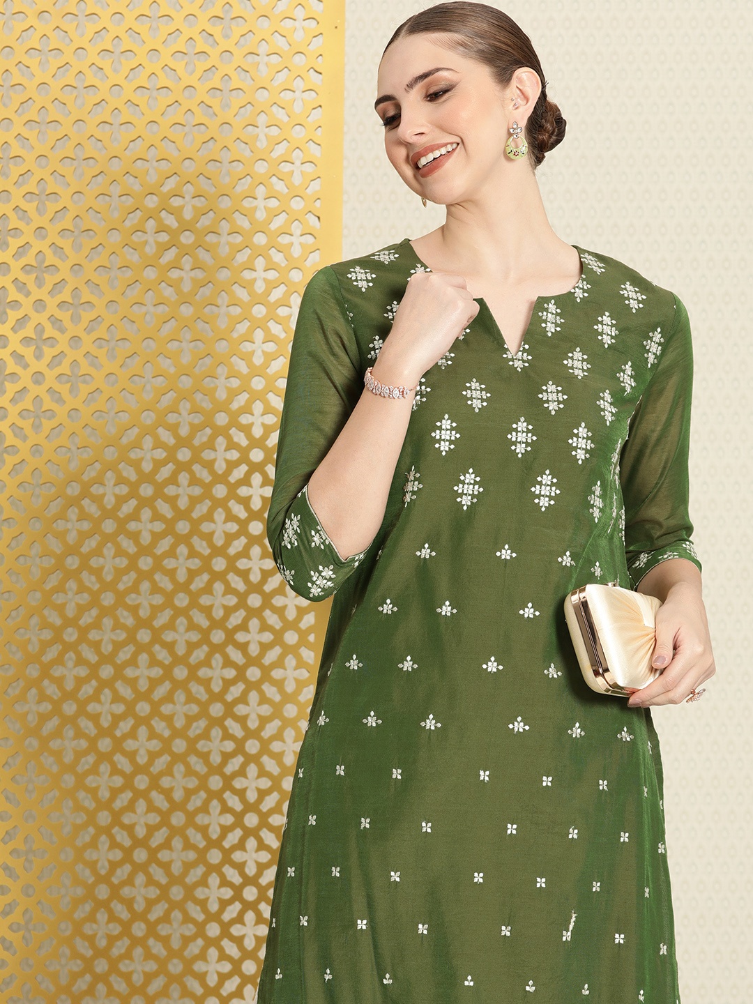 

House of Pataudi Jashn Ethnic Motifs Embroidered Thread Work Kurta, Green