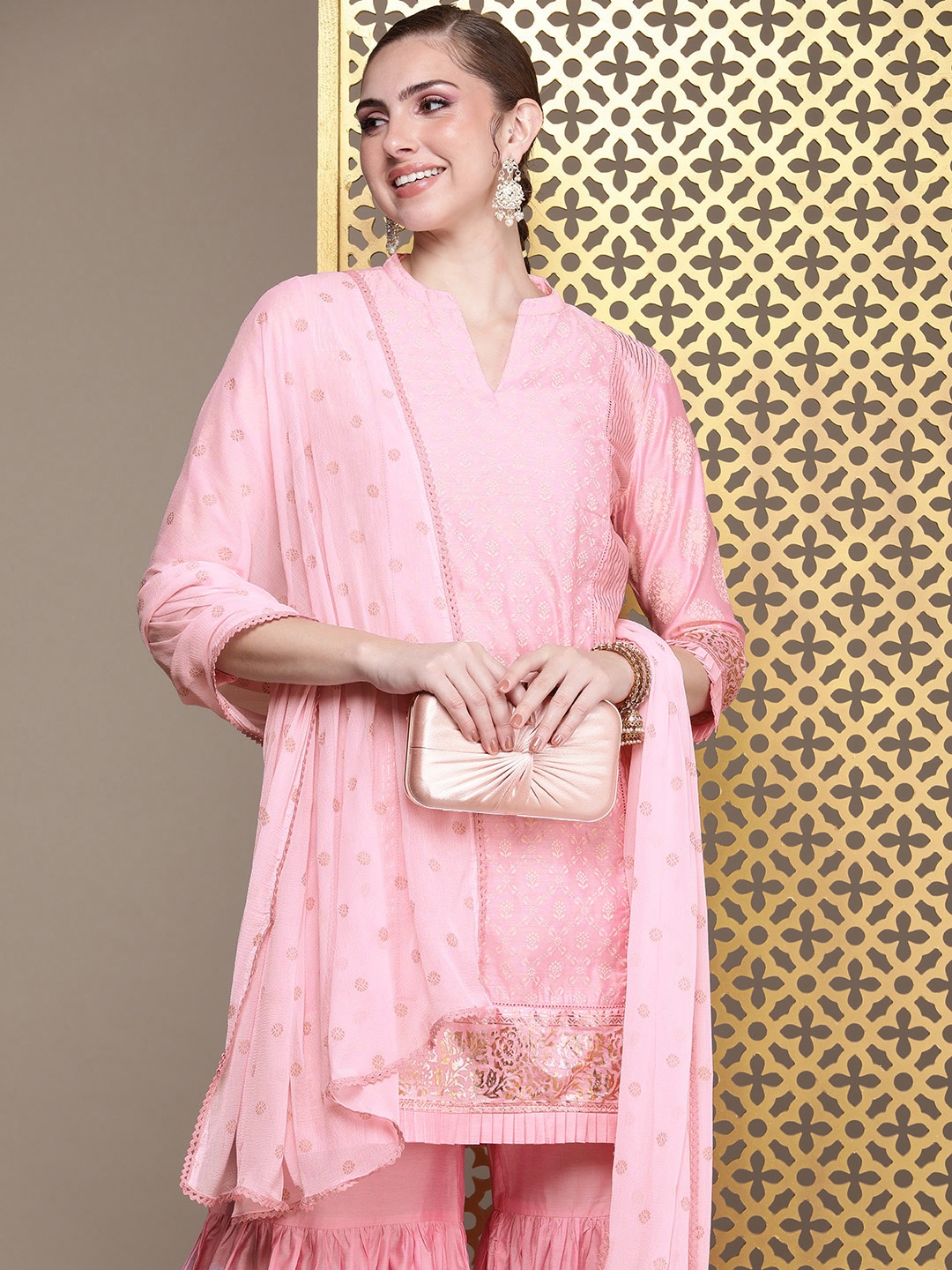 

House of Pataudi Jashn Ethnic Motifs Regular Kurta with Sharara & Dupatta, Pink