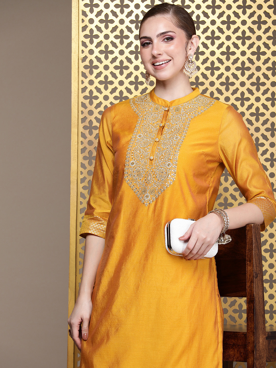 

House of Pataudi Jashn Ethnic Motifs Embroidered Kurta with Palazzos, Mustard