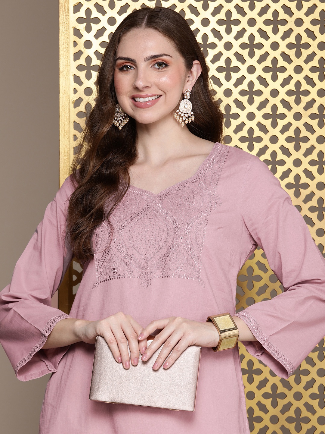 

House of Pataudi Rozana Pure Cotton Embroidered Kurta, Mauve