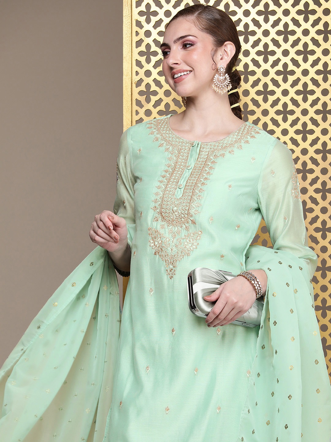 

House of Pataudi Woven Design Regular Jashn Kurta with Trousers & Dupatta, Sea green