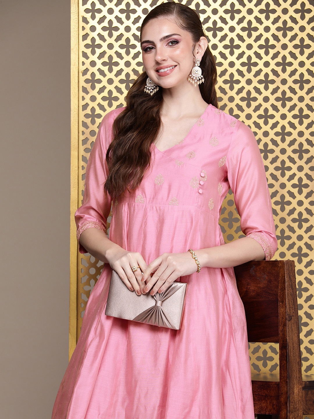 

House of Pataudi Jashn Zari Work Detail Angrakha Kurta, Pink