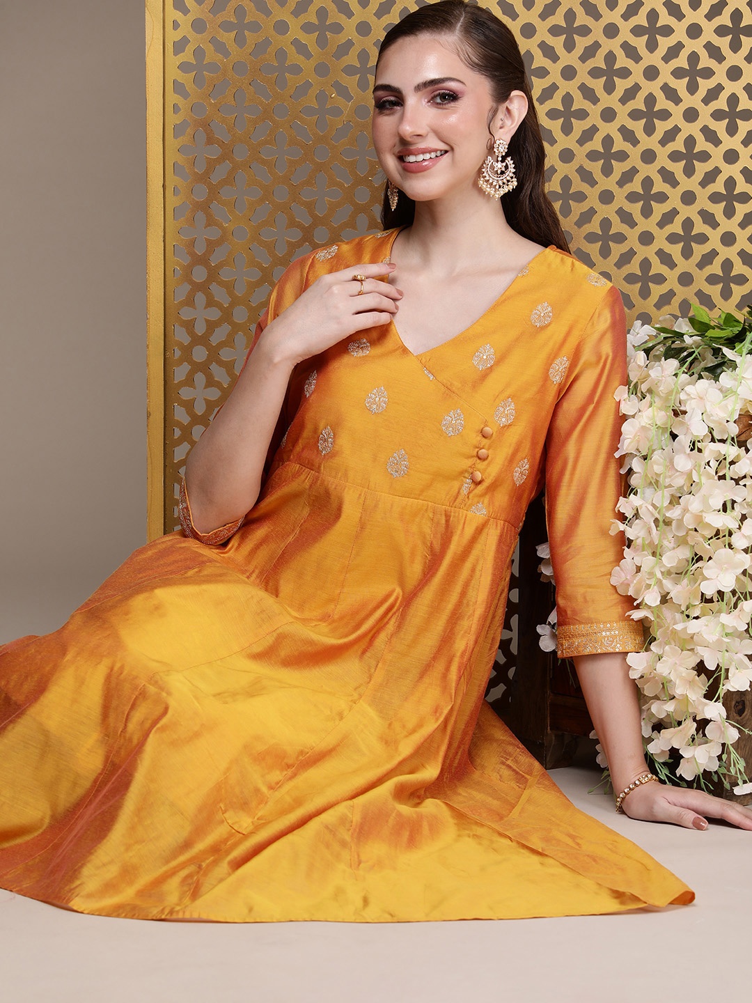 

House of Pataudi Jashn Zari Work Detail Angrakha Kurta, Mustard