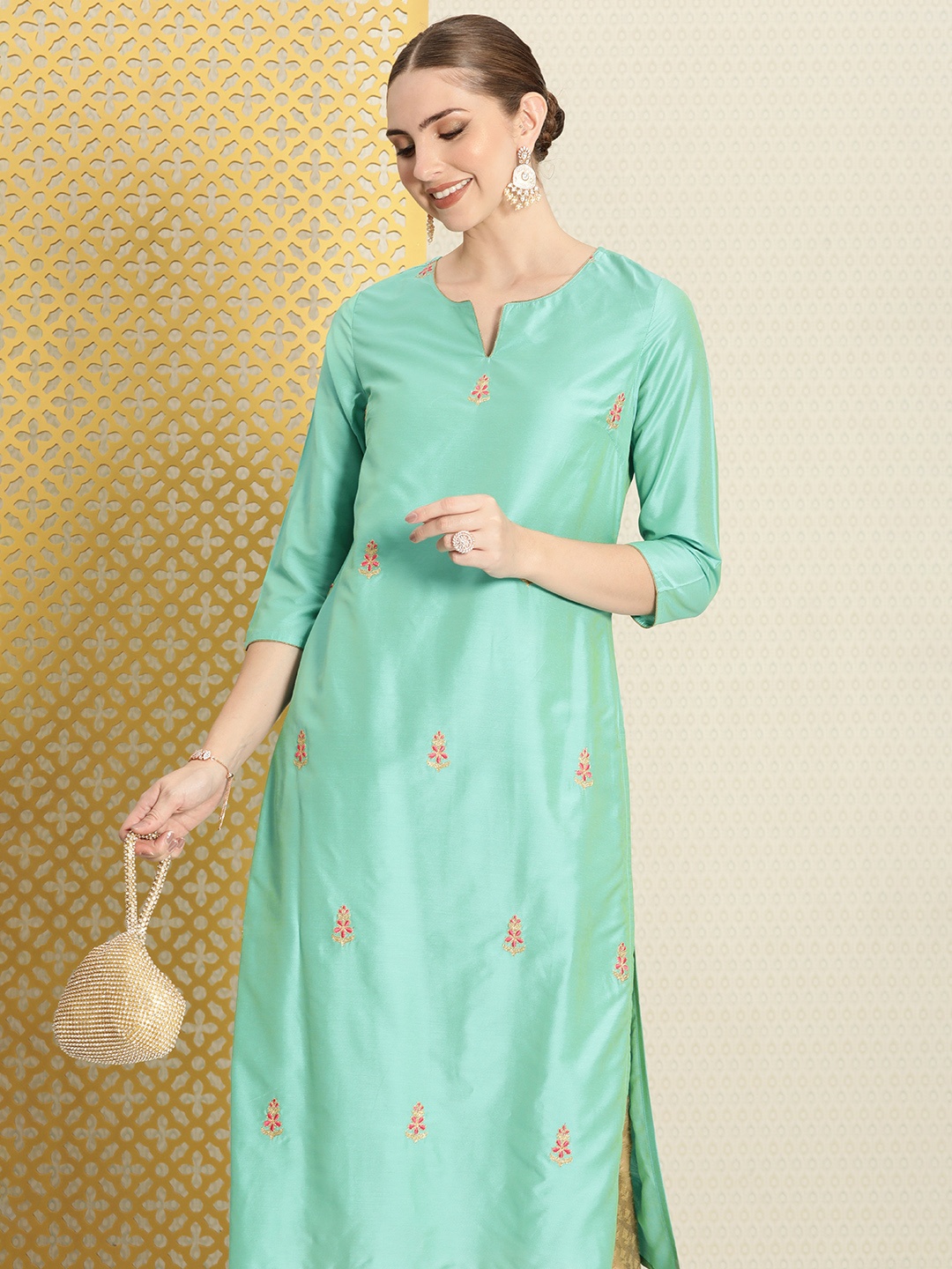

House of Pataudi Jashn Floral Embroidered Zari Kurta, Green