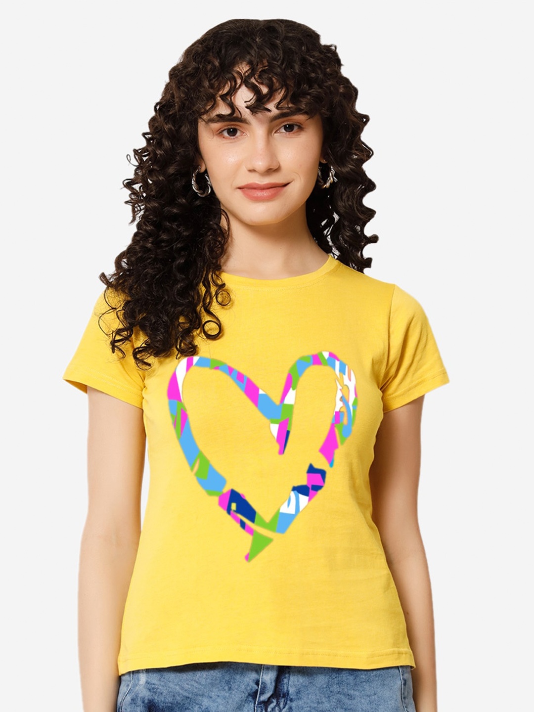

XOXO Design Heart Printed Short Sleeves Relaxed Fit Pure Cotton T-shirt, Yellow