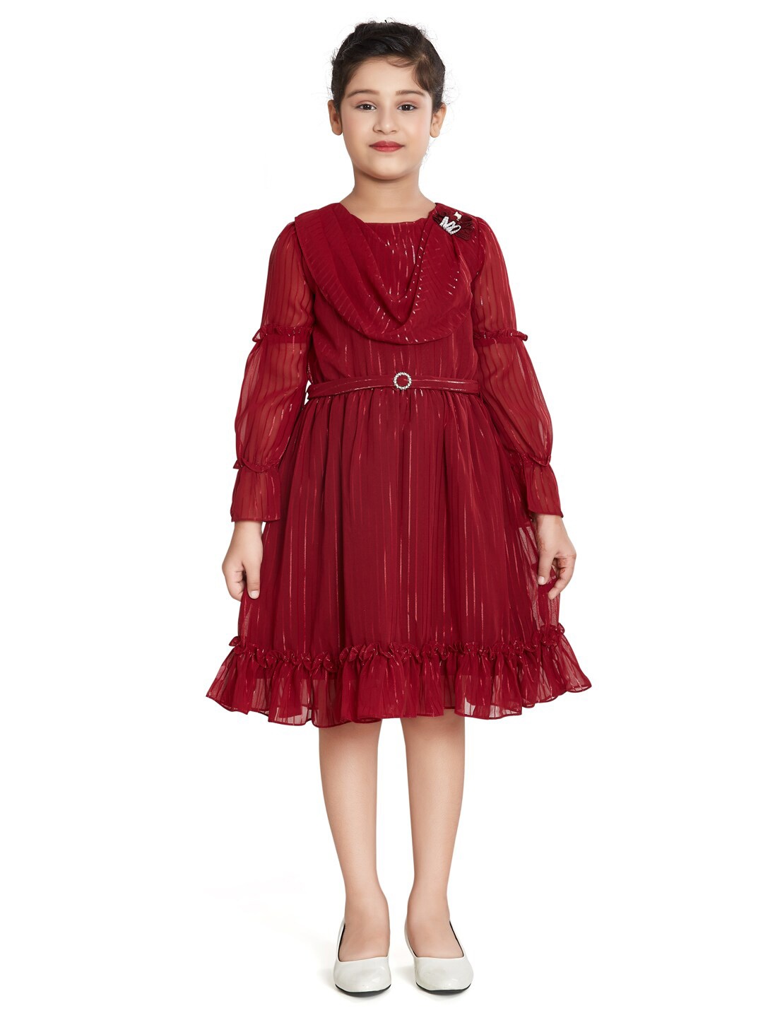 

Peppermint Striped Fit & Flare Cuffed Sleeves Dress, Maroon