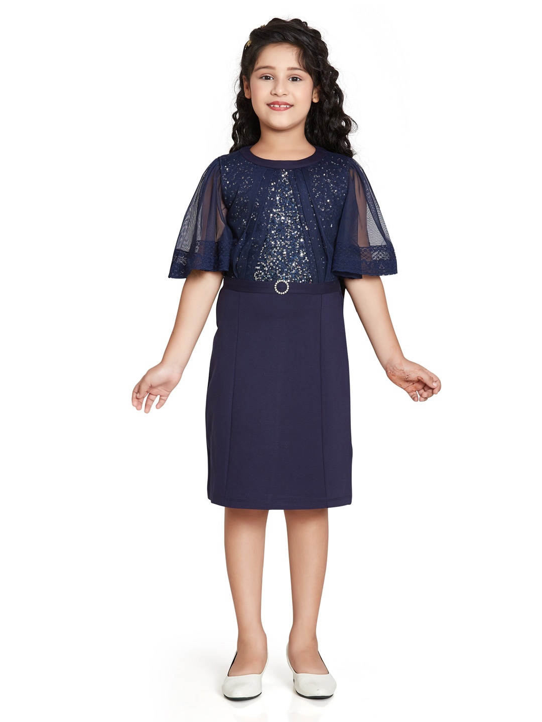 

Peppermint Girls Embellished Sequined Flared Sleeves A-Line Dress, Navy blue