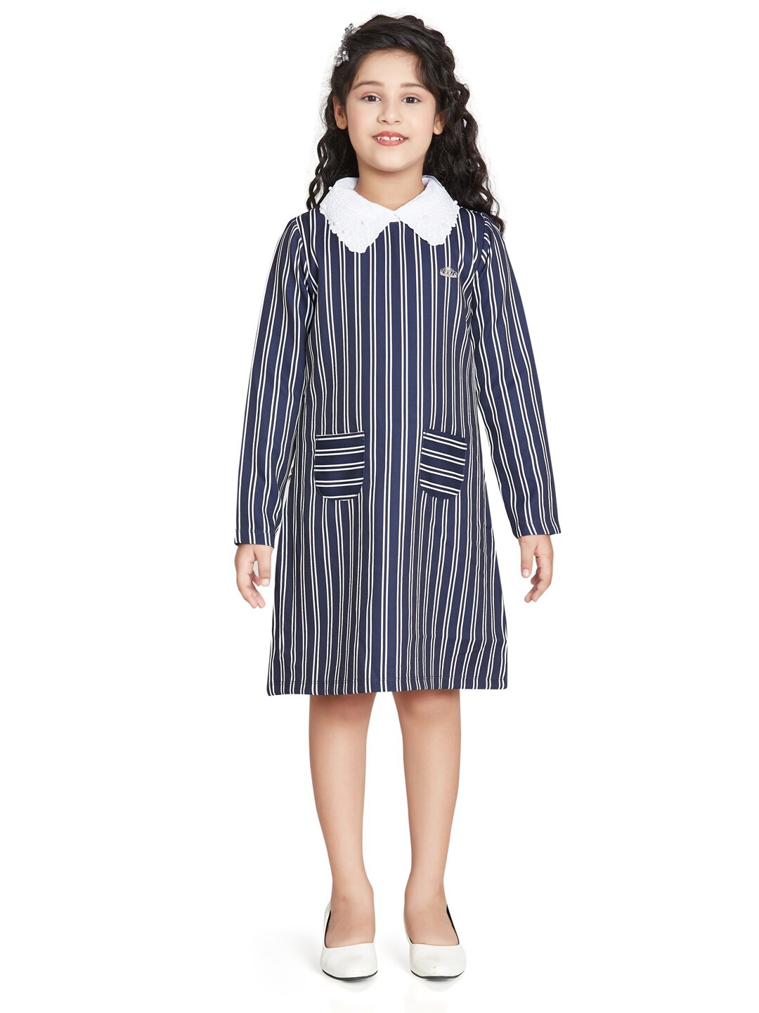 

Peppermint Girls Striped A-Line Dress, Navy blue