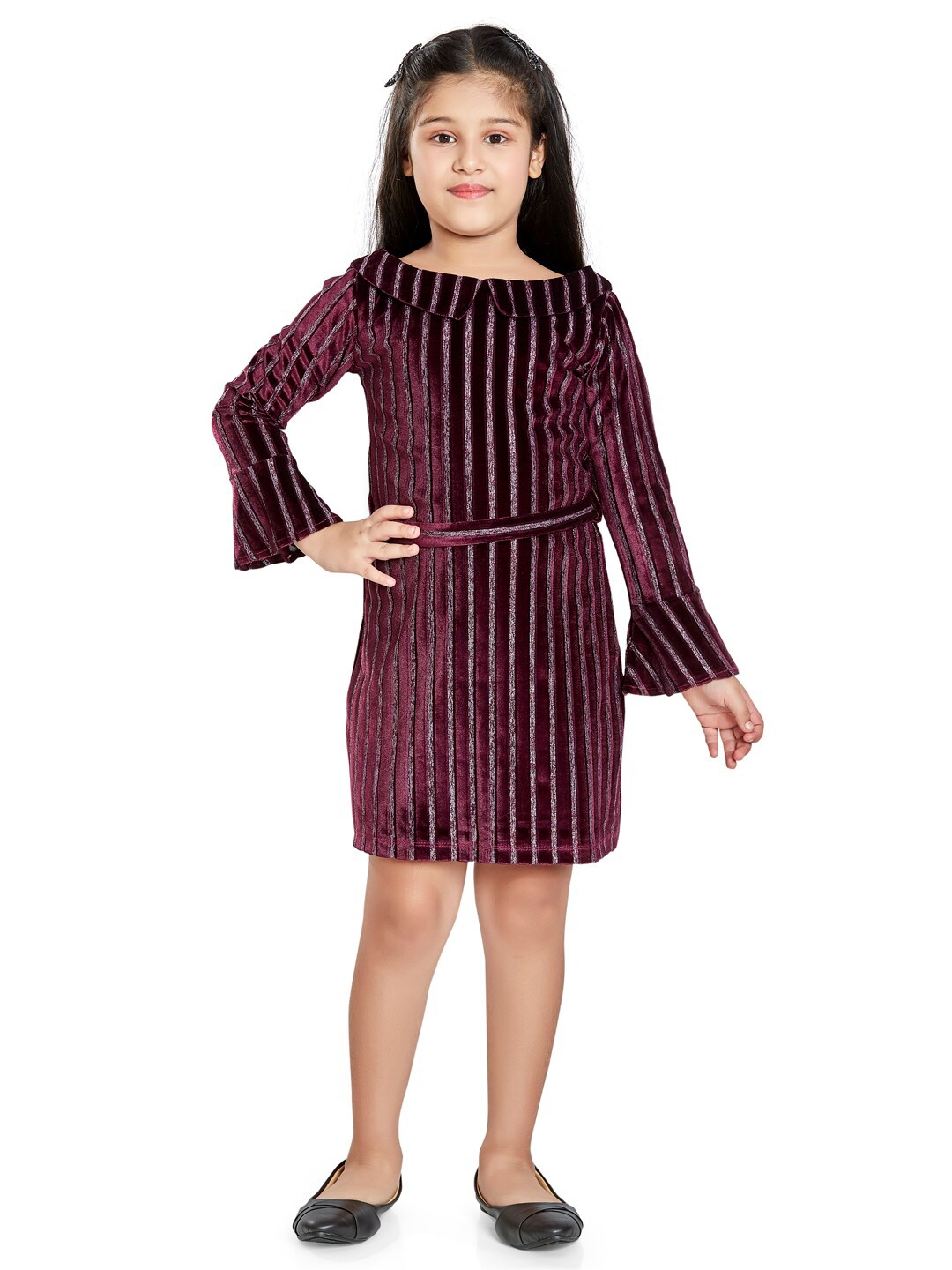 

Peppermint Striped Bell Sleeve A-Line Dress, Maroon