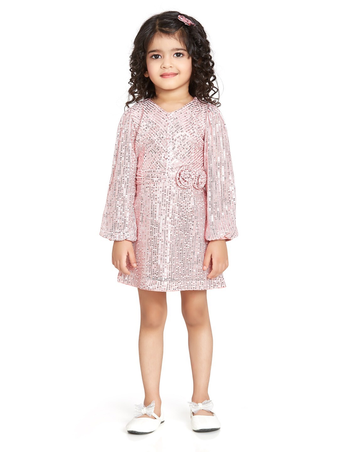 

Peppermint Girls Sequined Embellished Puff Sleeve Net A-Line Dress With Bows, Pink
