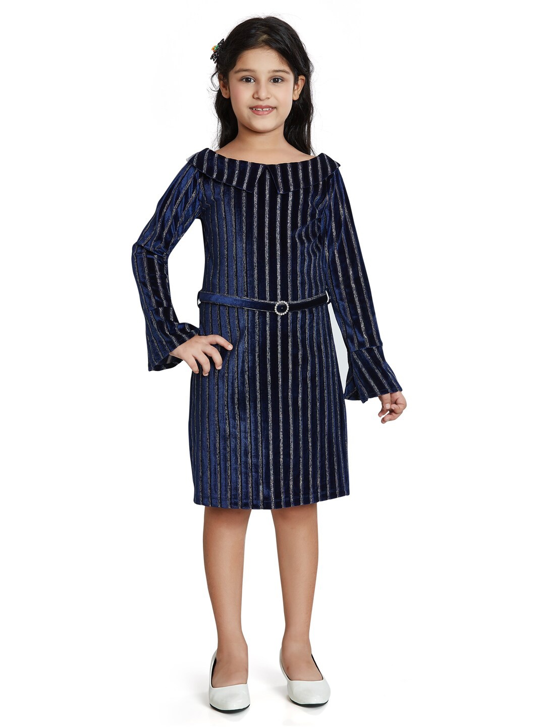 

Peppermint Girls Striped Embellished Bell Sleeve A-Line Dress, Navy blue