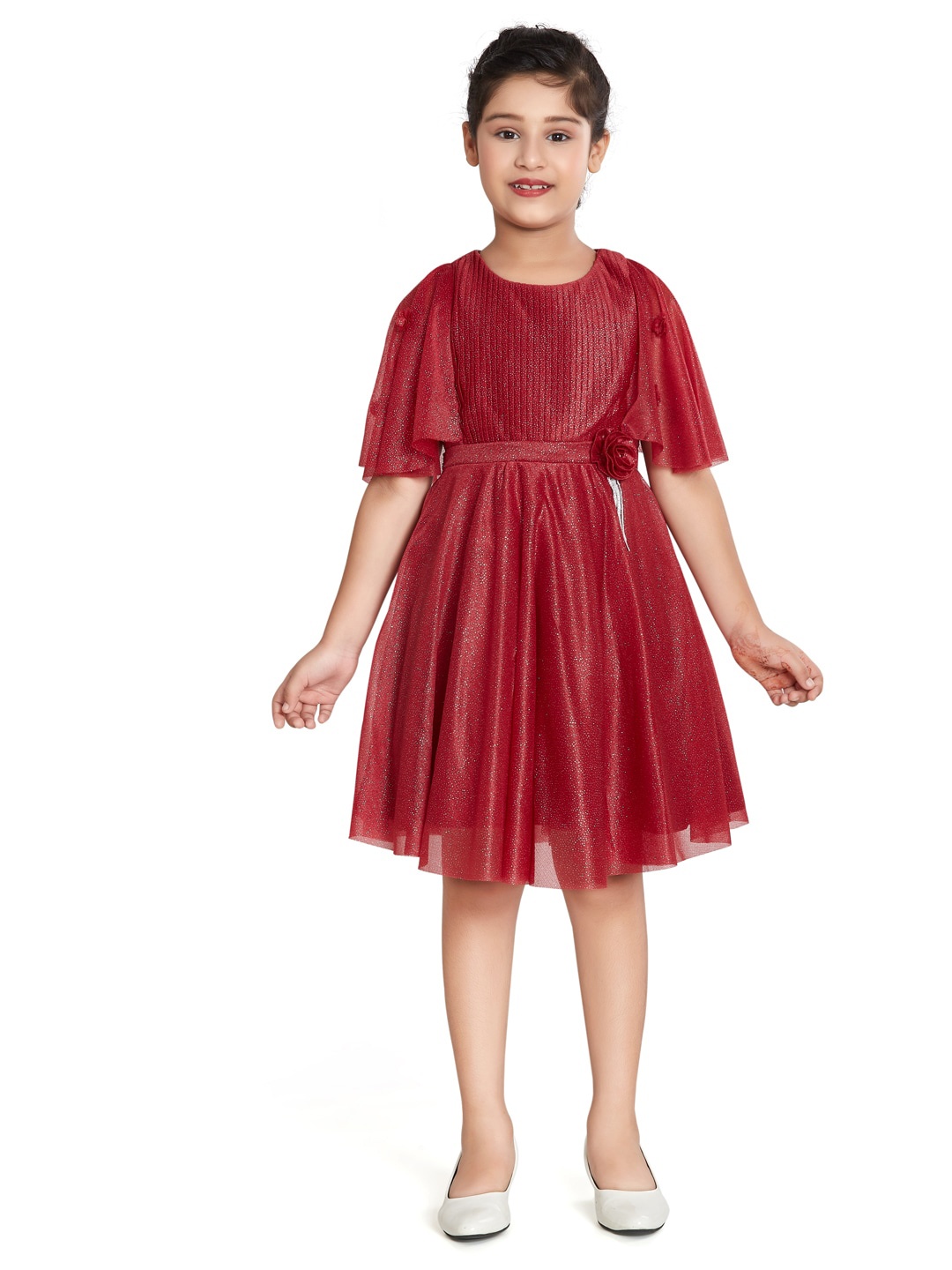 

Peppermint Girls Flared Sleeve Net Fit & Flare Dress, Maroon