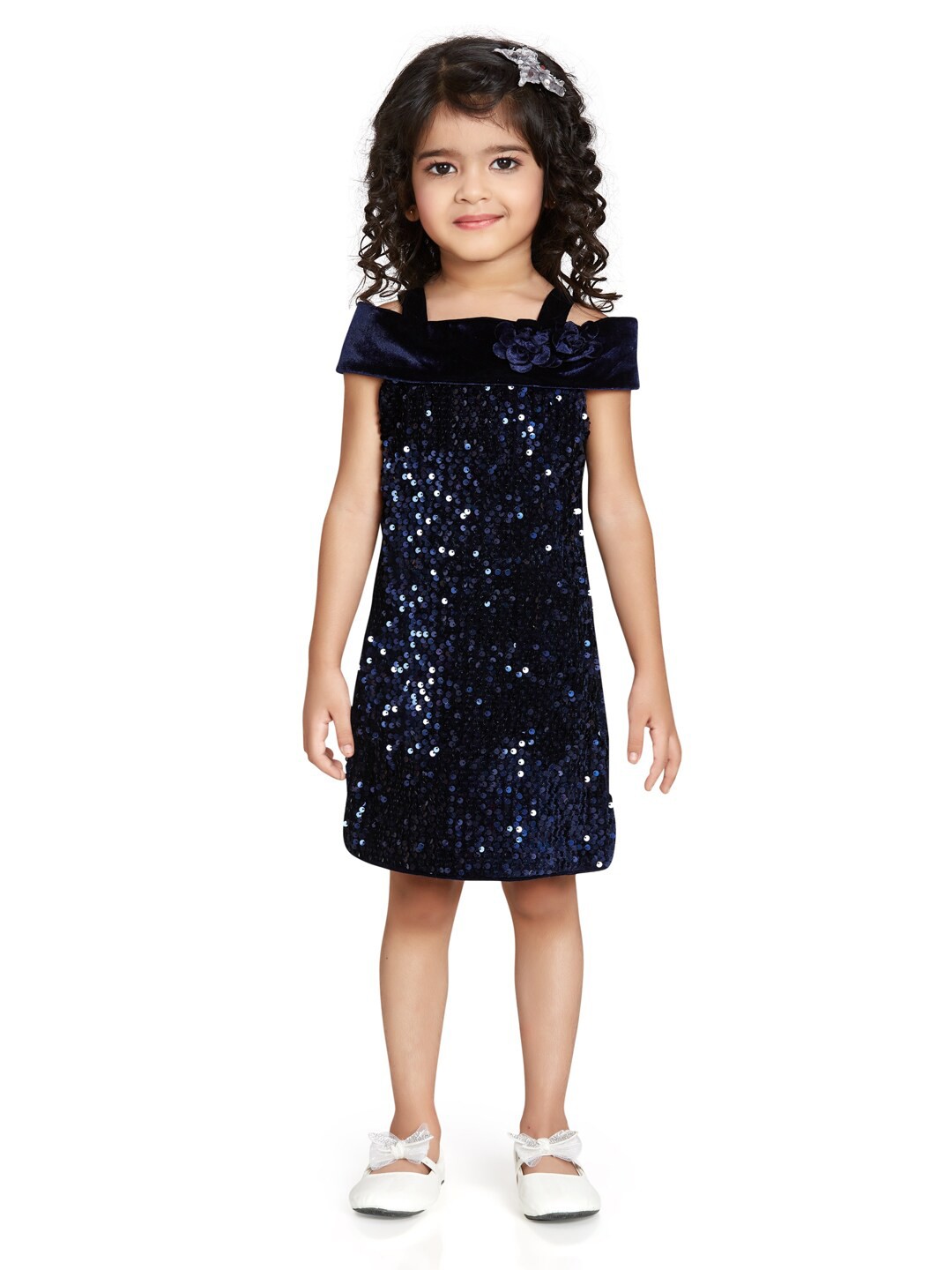 

Peppermint Girls Embellished Cold-Shoulder Sleeves Sequined A-Line Dress, Navy blue