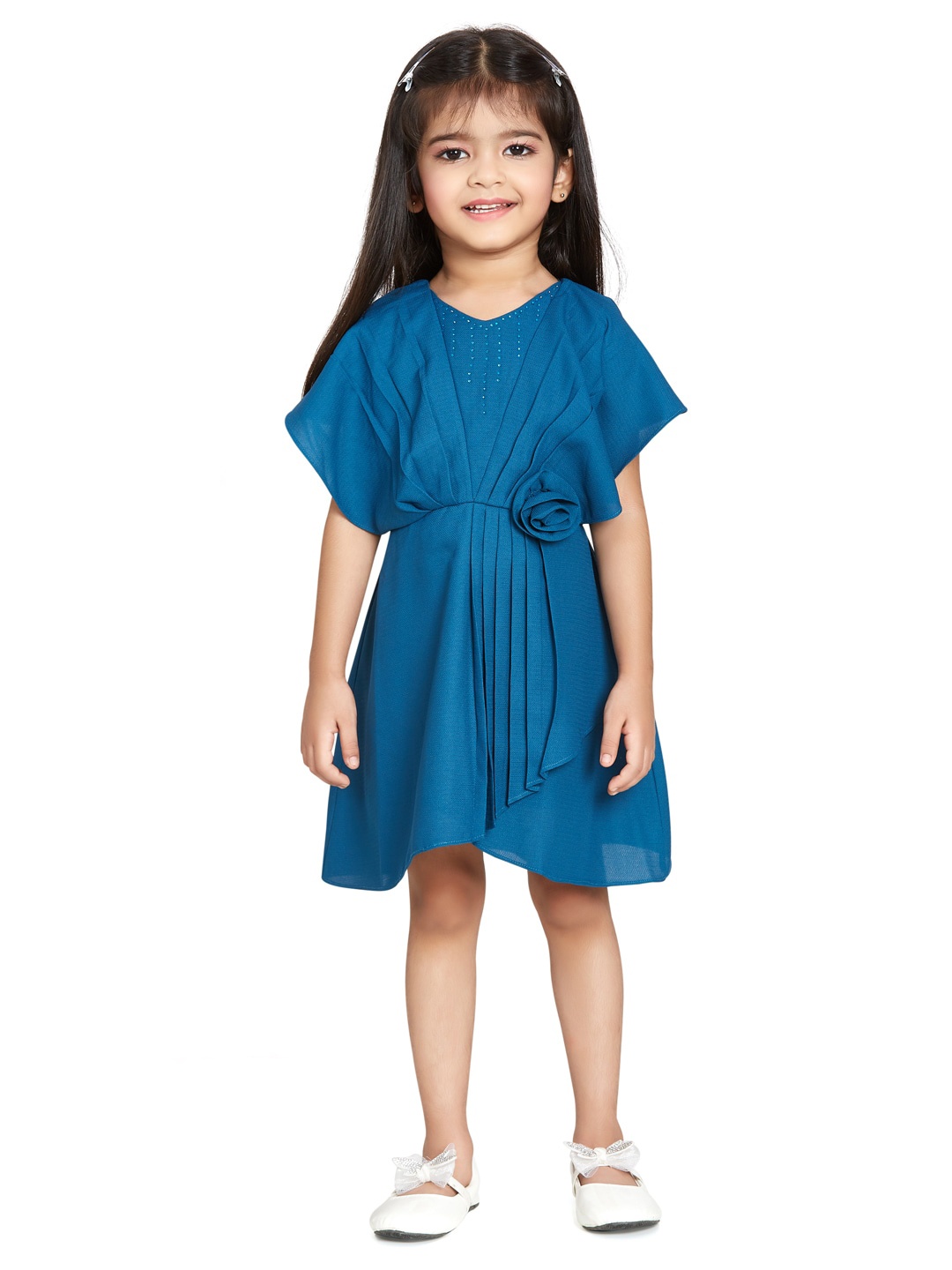 

Peppermint Girls Gathered or Pleated Extended Sleeves Satin Fit & Flare Dress, Teal